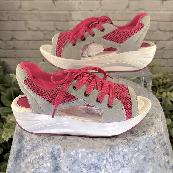 FASHION - Pink & Gray Mesh Knit Open Toe Platform Muffin Sandals WMS 7M🩷NWOT🩶 - Picture 4 of 11